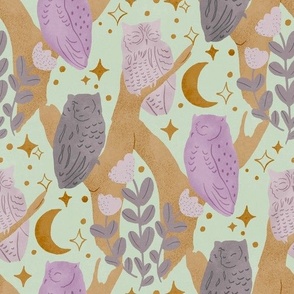 Whimsical, Hand-Drawn Bohemian Inspired Woodland Night Owl Pattern with Moons, Stars and Flowers