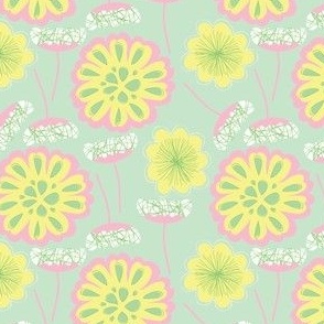 Playful Feminine Pink and Yellow Florals on Light Green
