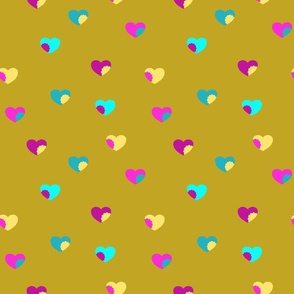 Flower in my heart - yellow, pink, turquoise on a olive background (medium)