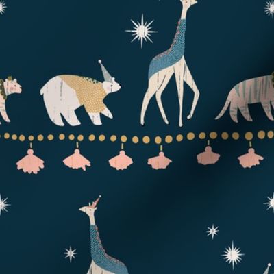 Midnight Procession - tiger, giraffe, polar bear party, stars and garlands, jewel colours and rich blue texture