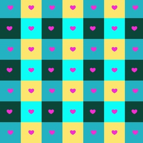 Heart in a box - pink in turquoise, blue, yellow, dark green (small)