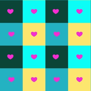 Heart in a box - pink in turquoise, blue, yellow, dark green (medium)