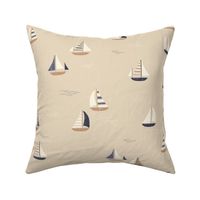 18x18 Little Boats tan with cream beige and navy Nautical Sailing Coastal