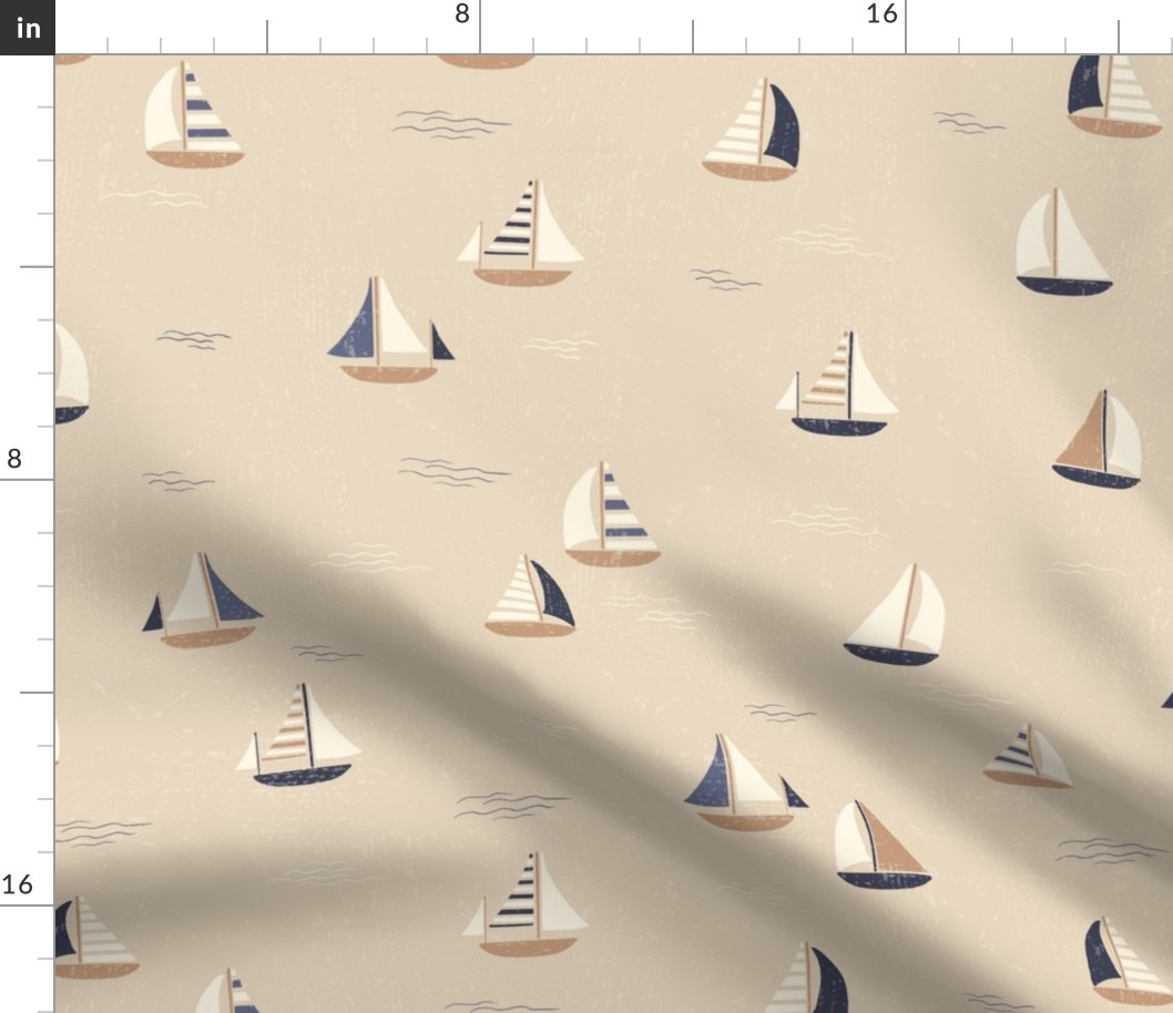 18x18 Little Boats tan with cream beige and navy Nautical Sailing Coastal
