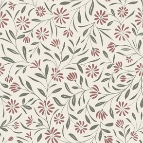 Flowy Textured Floral _ Copper Rose Pink_ Creamy White_ Limed Ash Green _ Pretty Flowers