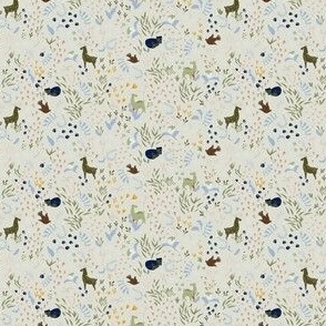 Medium 4 in. Forest Friends. Foxes, deer, birds in pistachio fabric.