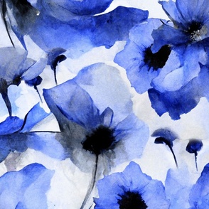 Wild Blue Poppy Flower Loose Abstract Watercolor Floral Pattern