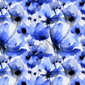 Wild Blue Poppy Flower Loose Abstract Watercolor Floral Pattern Smaller Scale