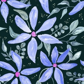 Teal And Periwinkle Blue Hand Painted Watercolour Winter Floral Medium