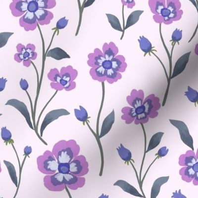 Hand painted blue and lilac flowers on pink background