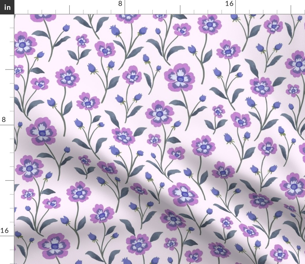 Hand painted blue and lilac flowers on pink background