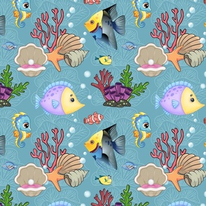 What a Wonderful World Under The Sea Fish Coral Reef with Sea Blue Background