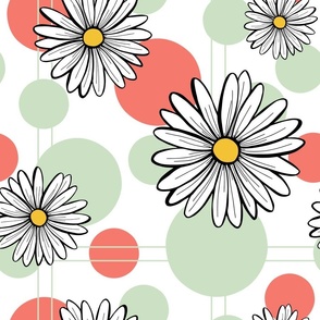Strawberry Dotty Daisies with Lines on White
