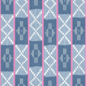 Mud Cloth, African Baule Cloth, Vintage inspired blue , white, and pink ikat print, 150RGB