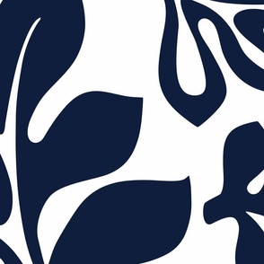 NAVY BLUE HAWAIIAN FLOWERS ON WHITE -LARGE SCALE