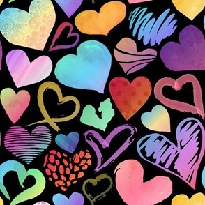 Watercolor Hearts Rainbow Black