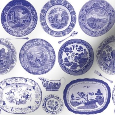 Vintage blue plates on white