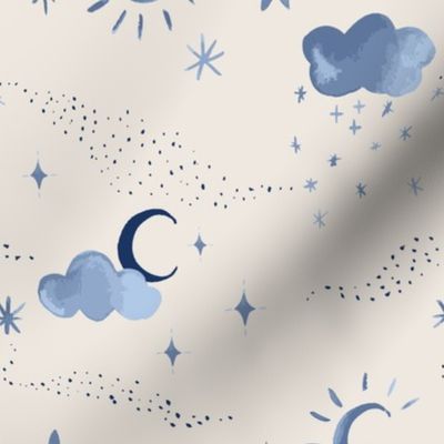 Sweet dreams watercolour night sky with clouds, stars and a crescent moon. Perfect for sheets, kids and nursery