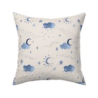Sweet dreams watercolour night sky with clouds, stars and a crescent moon. Perfect for sheets, kids and nursery