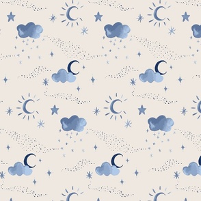 Sweet dreams watercolour night sky with clouds, stars and a crescent moon. Perfect for sheets, kids and nursery