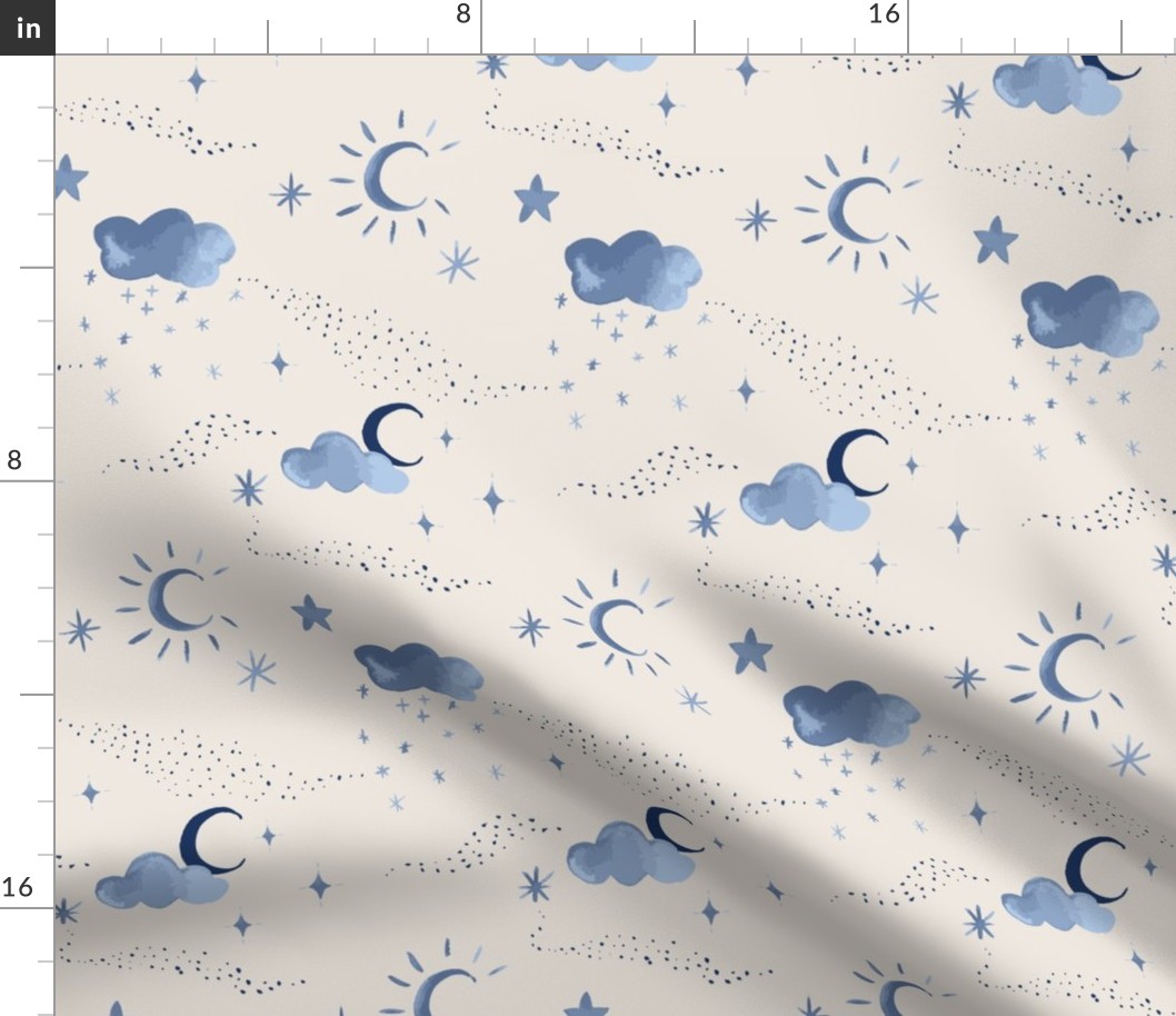 Sweet dreams watercolour night sky with clouds, stars and a crescent moon. Perfect for sheets, kids and nursery