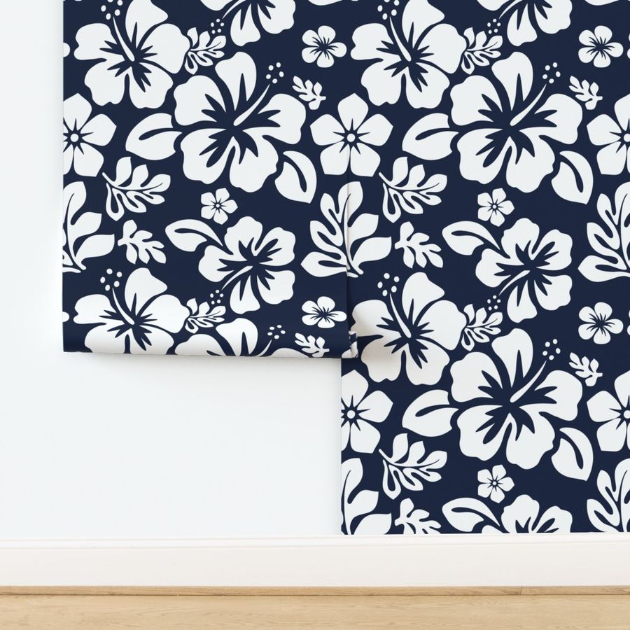 WHITE HAWAIIAN FLOWERS ON NAVY BLUE -MEDIUM SIZE