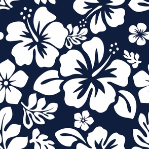 WHITE HAWAIIAN FLOWERS ON NAVY BLUE -MEDIUM SIZE