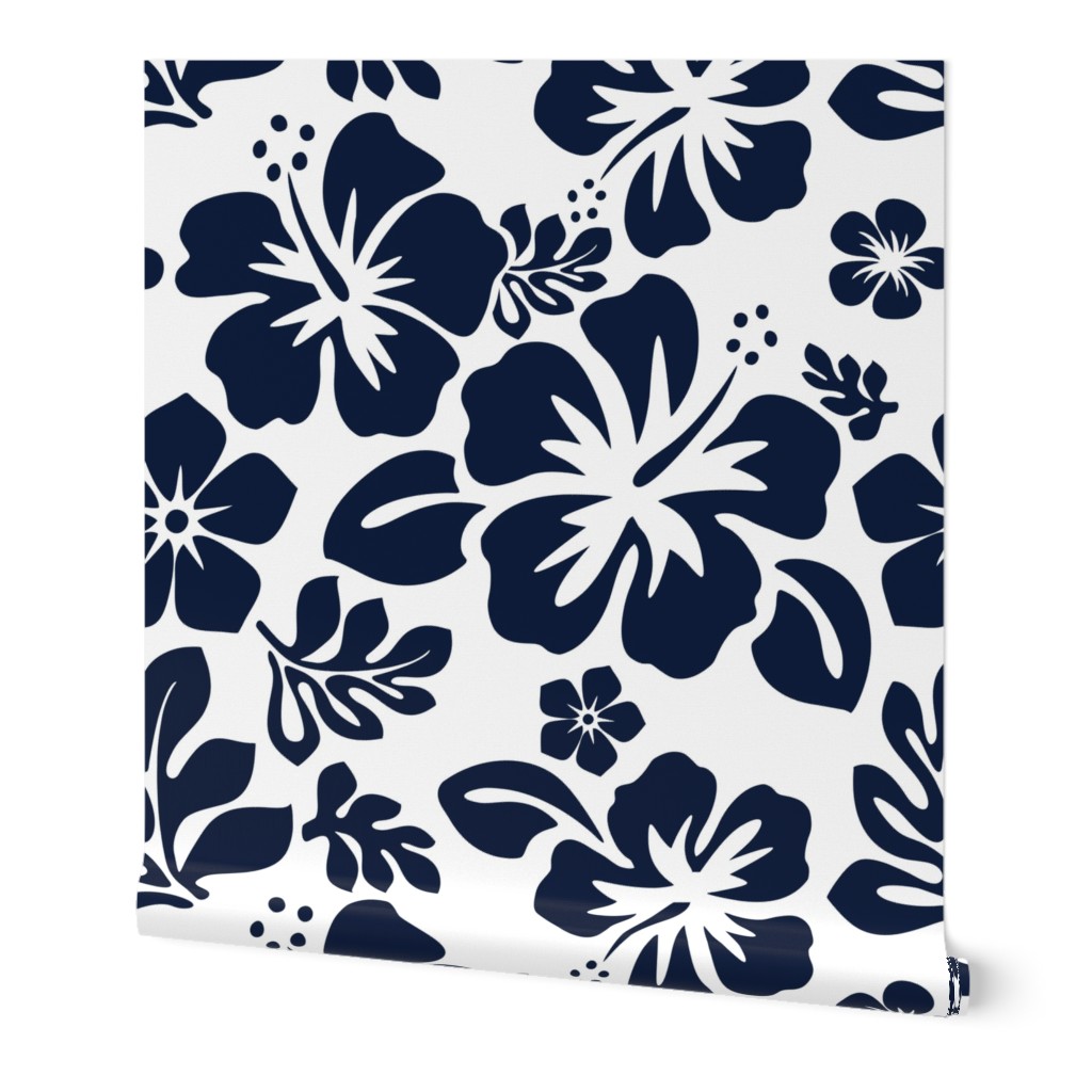 NAVY BLUE HAWAIIAN FLOWERS ON WHITE- MEDIUM SIZE