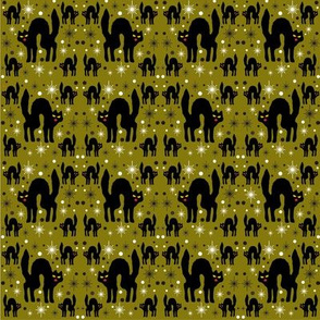 Retro Style Black Cats with Starbursts & Olive Background