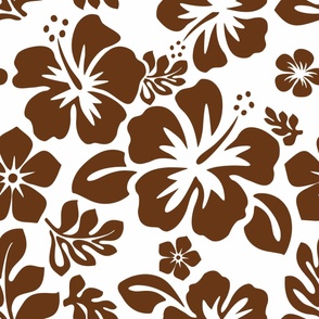 CHOCOLATE BROWN HAWAIIAN FLOWERS ON WHITE -MEDIUM SIZE 