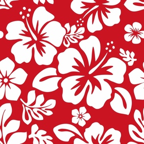 WHITE HAWAIIAN FLOWERS ON RED - MEDIUM SIZE