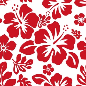RED HAWAIIAN FLOWERS ON WHITE - MEDIUM SIZE