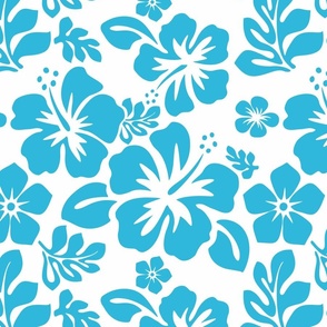 AQUA OCEAN BLUE HAWAIIAN FLOWERS ON WHITE - SMALL SIZE