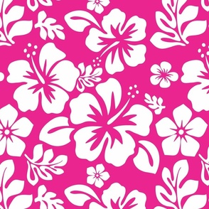 WHITE HAWAIIAN FLOWERS ON HOT PINK -  SMALL SIZE
