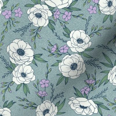 Italian Anemone Floral in Antique Blue (small scale)