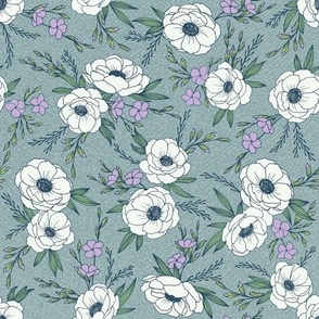 Italian Anemone Floral in Antique Blue (small scale)