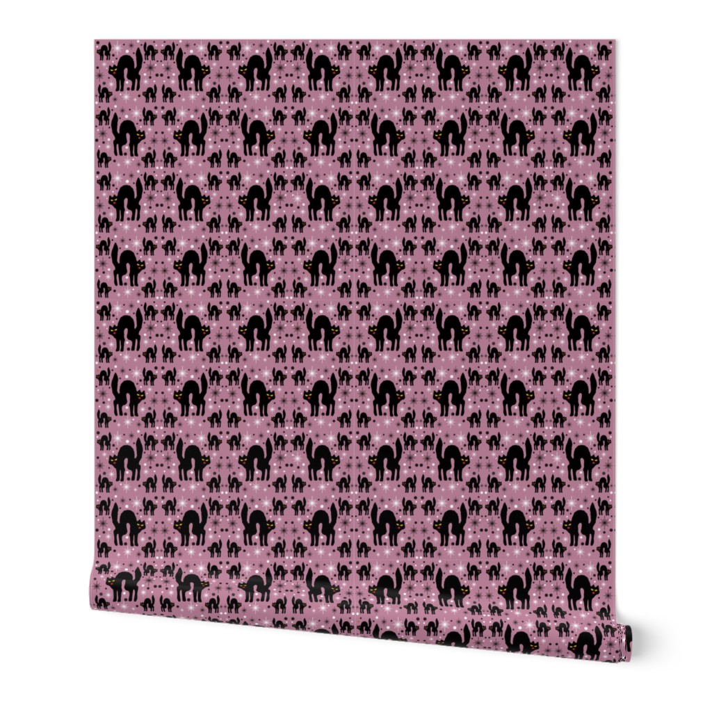 Retro Style Black Cats with Starbursts & Dusty Rose Background