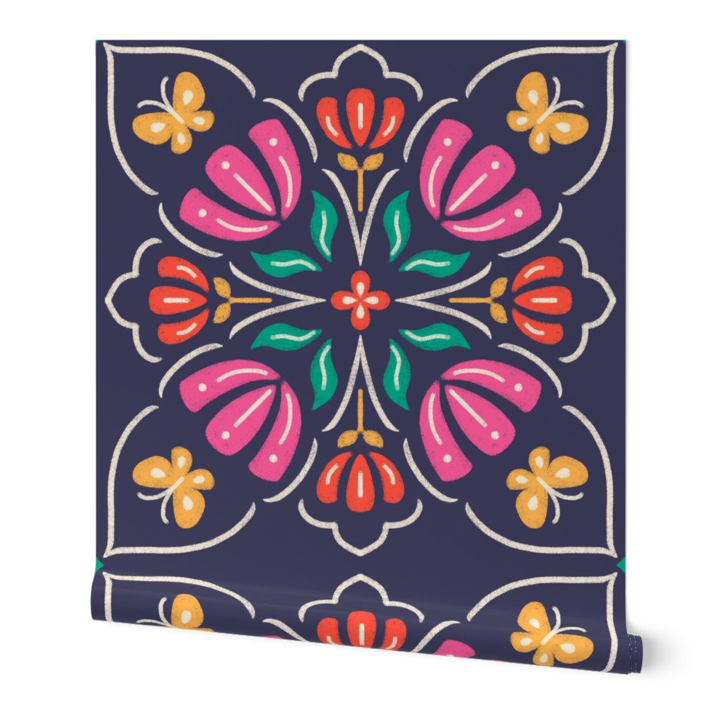 Large scale / Mandala florals and butterflies on navy / multicolored symmetrical folk art flowers in pink red green with decorative yellow butterfly on dark navy blue background