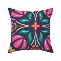 Large scale / Mandala florals and butterflies on navy / multicolored symmetrical folk art flowers in pink red green with decorative yellow butterfly on dark navy blue background