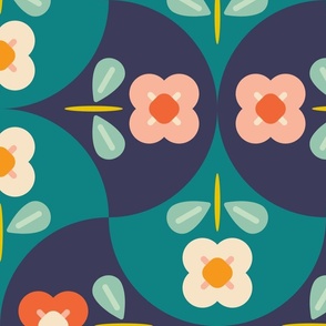 Large scale / Orange peach retro florals / Multicolored simple geometric flowers on dark olive green and deep navy blue