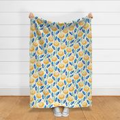 Large scale / Yellow watercolor flowers with jewel blue leaves on beige / Bright colored umbrella shaped florals in yellow ochre with pointy leaves on cream 