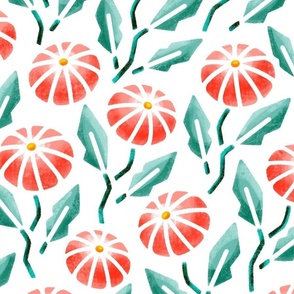 Large scale / Orange watercolor flowers with teal green leaves on white / Bright colored umbrella shaped florals in reddish orange with pointy leaves on white