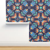 Large scale / Line art boho butterflies and tulips florals on navy / Bright colorful blue orange green flowers and butterfly folk art on dark navy blue background 