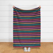 Large scale / Multicolored retro rainbow horizontal stripes on navy / grunge distressed textured blender lines on dark blue background/ bright scarlet pink yellow cabana Christmas red and green