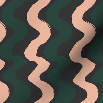 Thick Wiggly Wavy Lines- Emerald Green, Apricot on black