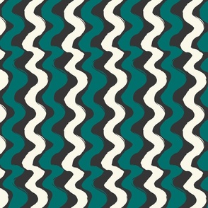 Thick Wiggly Wavy Lines- Jade, Cream on black