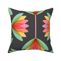 Large scale / Ombré rainbow lotus florals on gray black / multicolored abstract pastel watercolor flowers in green yellow orange pink and dark grey background / retro geometric vintage tropical lily nursery art deco