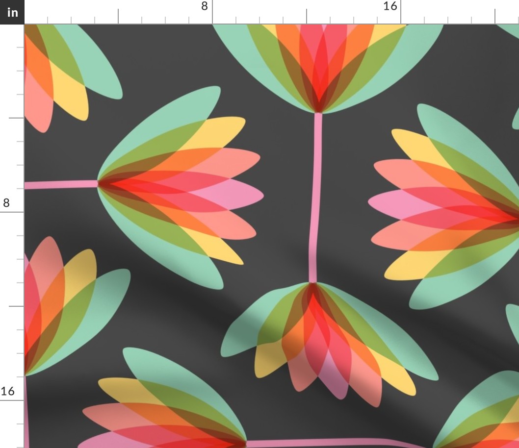 Large scale / Ombré rainbow lotus florals on gray black / multicolored abstract pastel watercolor flowers in green yellow orange pink and dark grey background / retro geometric vintage tropical lily nursery art deco