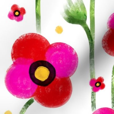 Large scale / Red pink poppies on white / Bright reddish pink textured gouache watercolor poppy anemone flowers and spring flower buds