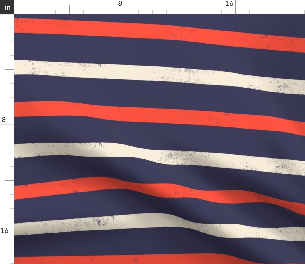 Large scale / Red and beige horizontal stripes on navy / grunge distressed textured blender lines on dark blue background / valentine scarlet crimson cream ivory usa patriotic decor